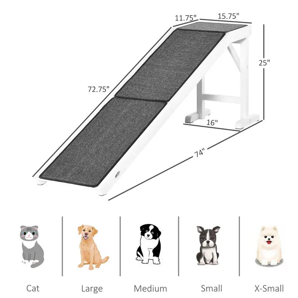 Pet Ramp for Dogs Non-slip Carpet Top Platform Pine Wood 74"L x 16"W x 25"H, Grey, White - product image 3