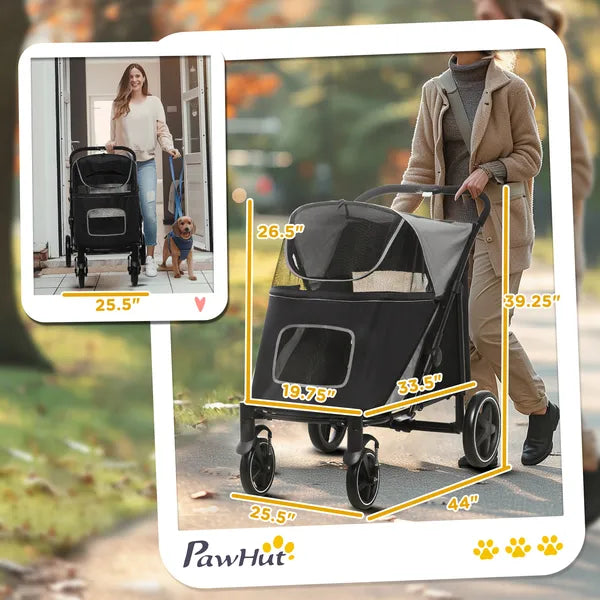 PawHut Pet Stroller Dog Cat Carriage One Click Fold with Universal Front Wheels Shock Absorber Brakes Storage Bags Mesh Window - product image 3