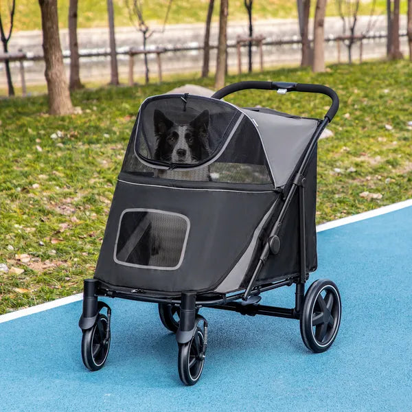 PawHut Pet Stroller Dog Cat Carriage One Click Fold with Universal Front Wheels Shock Absorber Brakes Storage Bags Mesh Window - product image 10