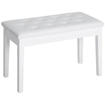 Piano Bench with Storage Wooden Duet Seat White Faux Leather Cushion Button Tufted - product image 1