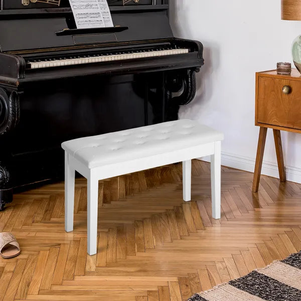 Piano Bench with Storage Wooden Duet Seat White Faux Leather Cushion Button Tufted - product image 10