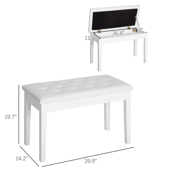 Piano Bench with Storage Wooden Duet Seat White Faux Leather Cushion Button Tufted - product image 3