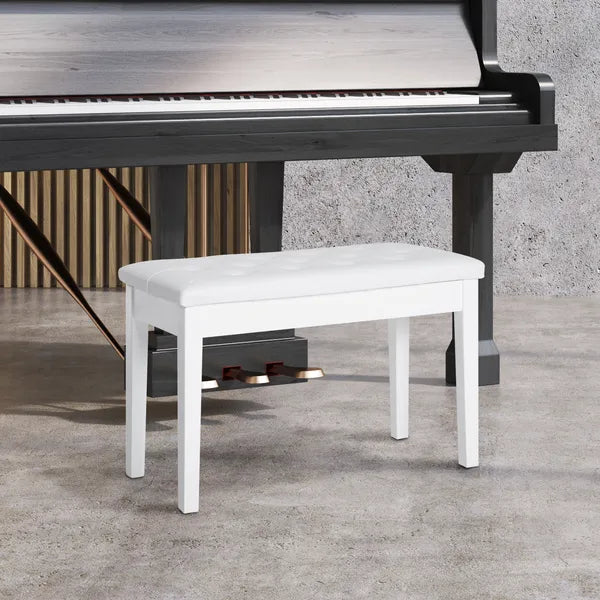 Piano Bench with Storage Wooden Duet Seat White Faux Leather Cushion Button Tufted - product image 2