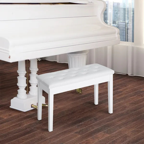 Piano Bench with Storage Wooden Duet Seat White Faux Leather Cushion Button Tufted - product image 4