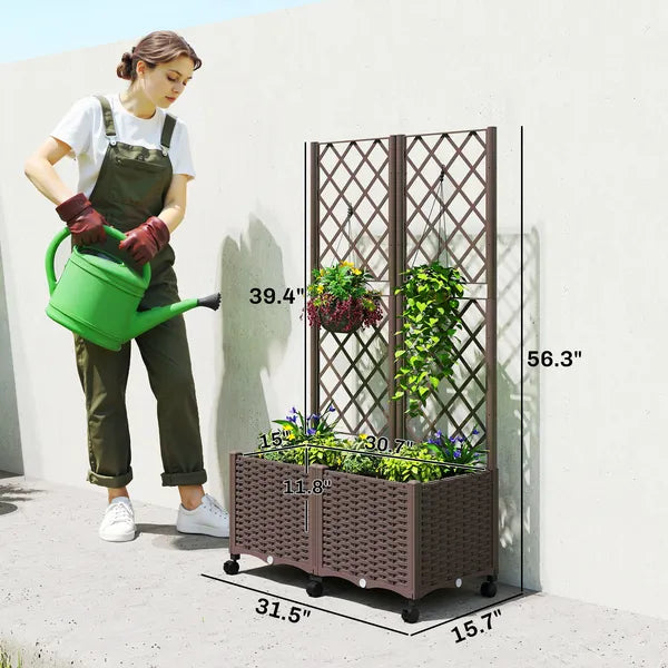 Outsunny Planter Box with Trellis, Self Watering Raised Garden Bed with Lockable Wheels and Drainage Holes, Brown - product image 3