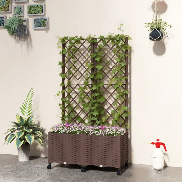 Outsunny Planter Box with Trellis, Self Watering Raised Garden Bed with Lockable Wheels and Drainage Holes, Brown - product image 10