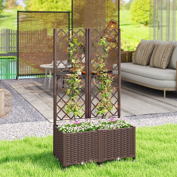 Outsunny Planter Box with Trellis, Self Watering Raised Garden Bed with Lockable Wheels and Drainage Holes, Brown - product image 2