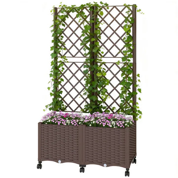 Outsunny Planter Box with Trellis, Self Watering Raised Garden Bed with Lockable Wheels and Drainage Holes, Brown - product image 1