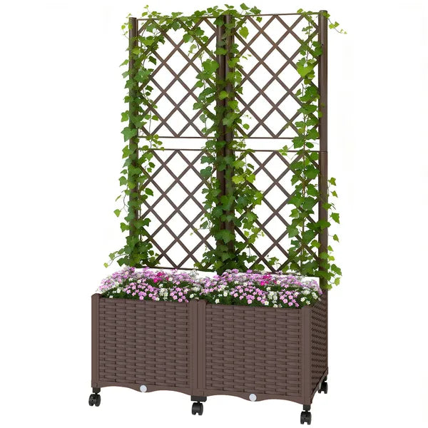Outsunny Planter Box with Trellis, Self Watering Raised Garden Bed with Lockable Wheels and Drainage Holes, Brown - product image 1