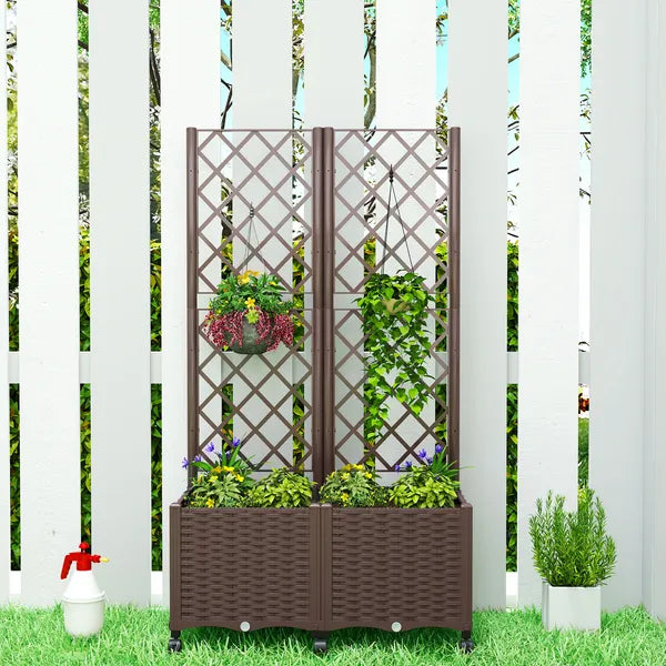 Outsunny Planter Box with Trellis, Self Watering Raised Garden Bed with Lockable Wheels and Drainage Holes, Brown - product image 8