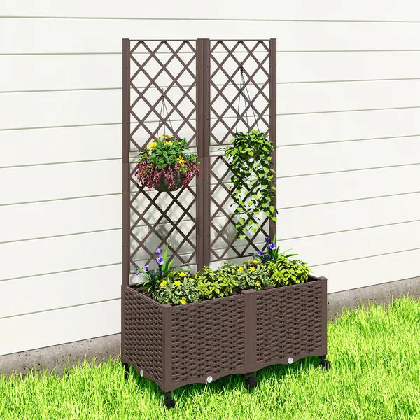 Outsunny Planter Box with Trellis, Self Watering Raised Garden Bed with Lockable Wheels and Drainage Holes, Brown - product image 9