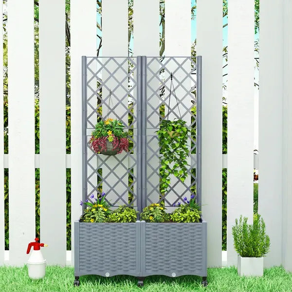 Outsunny Planter Box with Trellis, Self Watering Raised Garden Bed with Lockable Wheels and Drainage Holes, Gray - product image 8