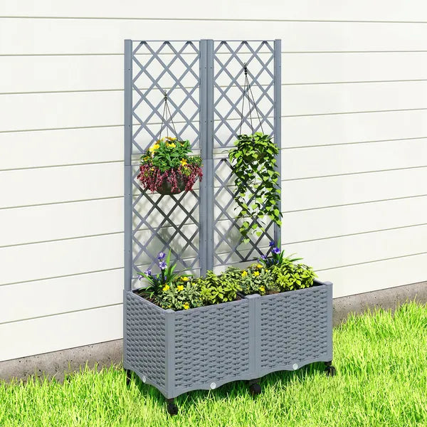 Outsunny Planter Box with Trellis, Self Watering Raised Garden Bed with Lockable Wheels and Drainage Holes, Gray - product image 9