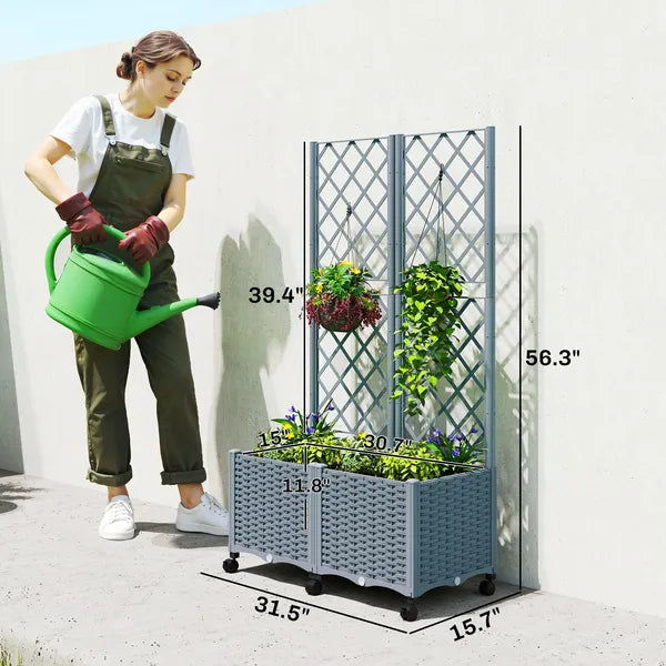 Outsunny Planter Box with Trellis, Self Watering Raised Garden Bed with Lockable Wheels and Drainage Holes, Gray - product image 3