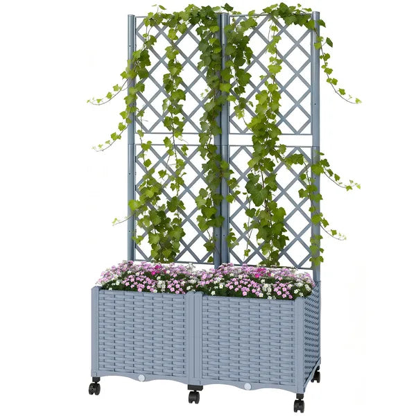 Outsunny Planter Box with Trellis, Self Watering Raised Garden Bed with Lockable Wheels and Drainage Holes, Gray - product image 1