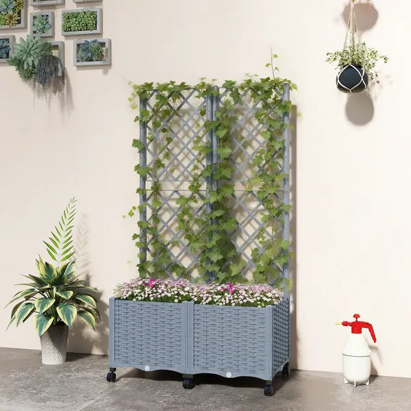 Outsunny Planter Box with Trellis, Self Watering Raised Garden Bed with Lockable Wheels and Drainage Holes, Gray - product image 10
