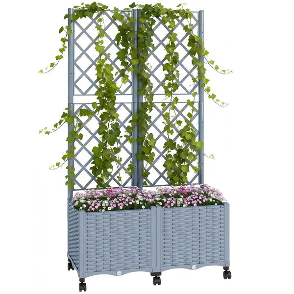 Outsunny Planter Box with Trellis, Self Watering Raised Garden Bed with Lockable Wheels and Drainage Holes, Gray - product image 11