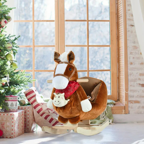 Qaba Plush Rocking Horse Toy, Kids Ride On Horse Toy with Fun Song Music, Rocking Pony Toy for Children 18-36 Months, Boys Girls Gift, Brown - product image 10