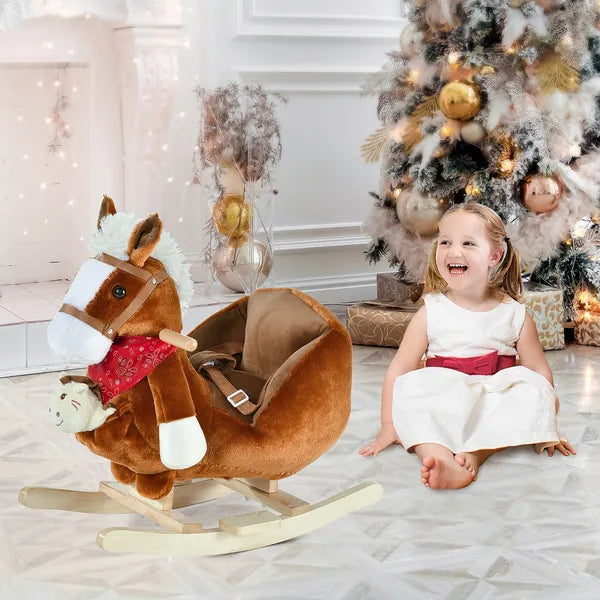 Qaba Plush Rocking Horse Toy, Kids Ride On Horse Toy with Fun Song Music, Rocking Pony Toy for Children 18-36 Months, Boys Girls Gift, Brown - product image 2