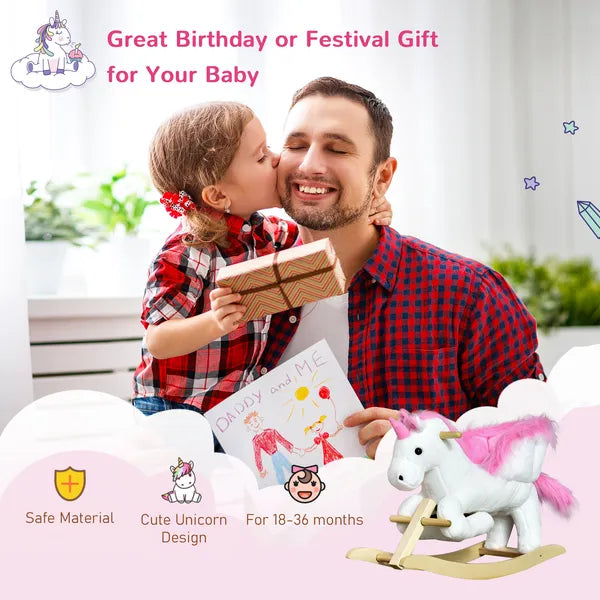 Plush Rocking Unicorn, Wooden Ride-On Chair, Lullaby Song, 18-36 Months, White and Pink, for Babies - product image 7