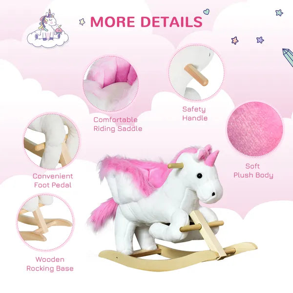 Plush Rocking Unicorn, Wooden Ride-On Chair, Lullaby Song, 18-36 Months, White and Pink, for Babies - product image 6