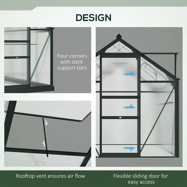Outsunny Polycarbonate Greenhouse, Heavy-Duty Outdoor Aluminum Walk-in Green House Kit Vent Door, 6.2'x4.3'x6.6' Gray - product image 7