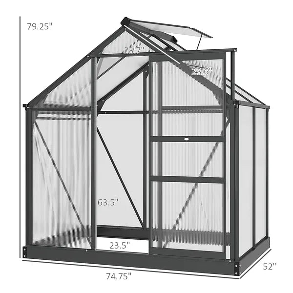 Outsunny Polycarbonate Greenhouse, Heavy-Duty Outdoor Aluminum Walk-in Green House Kit Vent Door, 6.2'x4.3'x6.6' Gray - product image 3