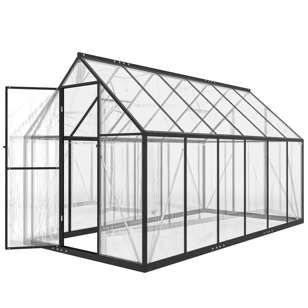 Polycarbonate Greenhouse with Swing Door and Two Adjustable Roof Vents, Aluminum Walk-in Greenhouse, 11x6 ft, Black - product image 1
