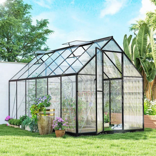Polycarbonate Greenhouse with Swing Door and Two Adjustable Roof Vents, Aluminum Walk-in Greenhouse, 11x6 ft, Black - product image 2