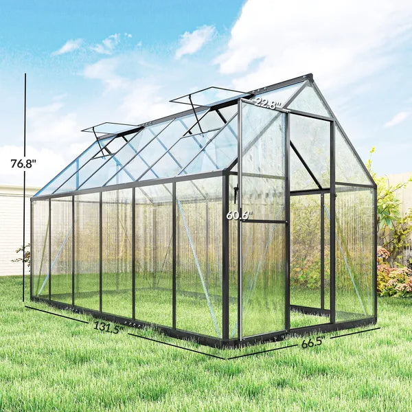 Polycarbonate Greenhouse with Swing Door and Two Adjustable Roof Vents, Aluminum Walk-in Greenhouse, 11x6 ft, Black - product image 3