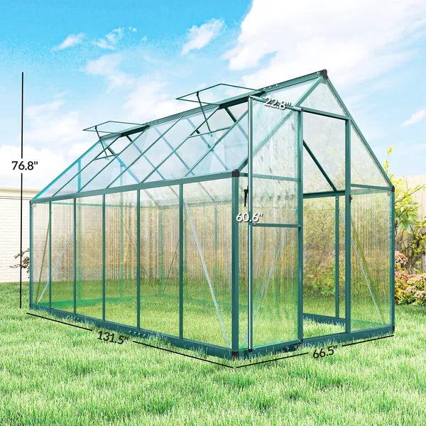 Polycarbonate Greenhouse with Swing Door and Two Adjustable Roof Vents, Aluminum Walk-in Greenhouse, 11x6 ft, Dark Green - product image 3
