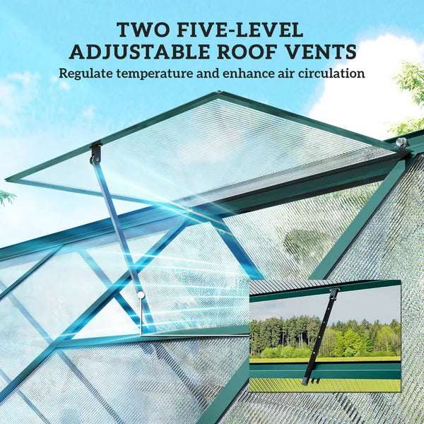 Polycarbonate Greenhouse with Swing Door and Two Adjustable Roof Vents, Aluminum Walk-in Greenhouse, 11x6 ft, Dark Green - product image 7