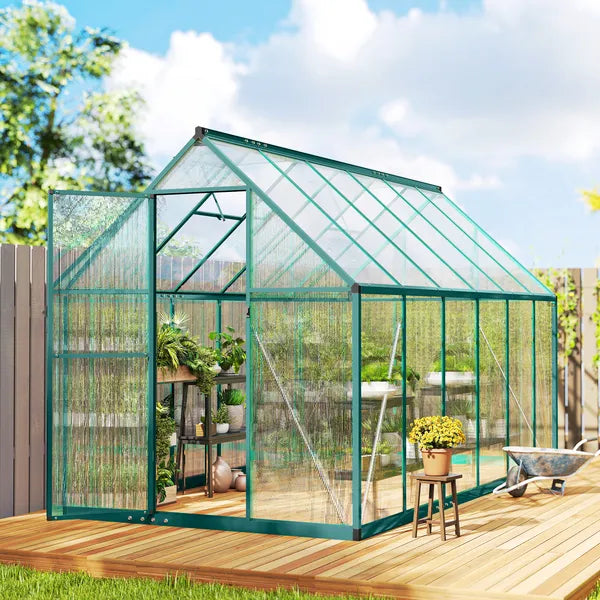 Polycarbonate Greenhouse with Swing Door and Two Adjustable Roof Vents, Aluminum Walk-in Greenhouse, 11x6 ft, Dark Green - product image 9