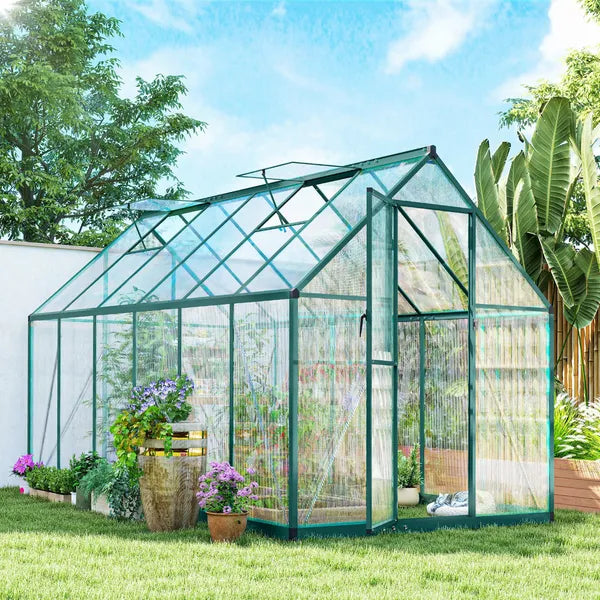Polycarbonate Greenhouse with Swing Door and Two Adjustable Roof Vents, Aluminum Walk-in Greenhouse, 11x6 ft, Dark Green - product image 2