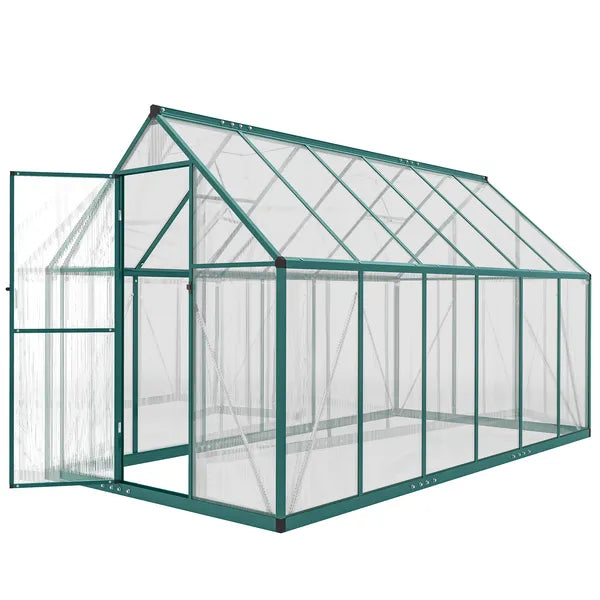 Polycarbonate Greenhouse with Swing Door and Two Adjustable Roof Vents, Aluminum Walk-in Greenhouse, 11x6 ft, Dark Green - product image 1