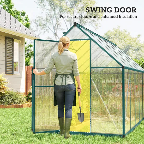 Polycarbonate Greenhouse with Swing Door and Two Adjustable Roof Vents, Aluminum Walk-in Greenhouse, 11x6 ft, Dark Green - product image 6
