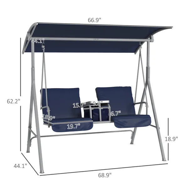 Outsunny Porch Swing 2 Person with Stand, Outdoor, Dark Blue, Canopy, Cup Holders, Cushions for Patio Backyard - product image 3