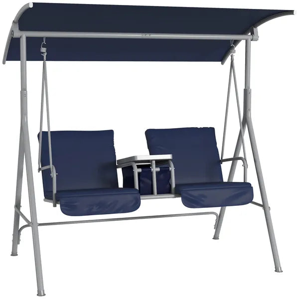 Outsunny Porch Swing 2 Person with Stand, Outdoor, Dark Blue, Canopy, Cup Holders, Cushions for Patio Backyard - product image 1