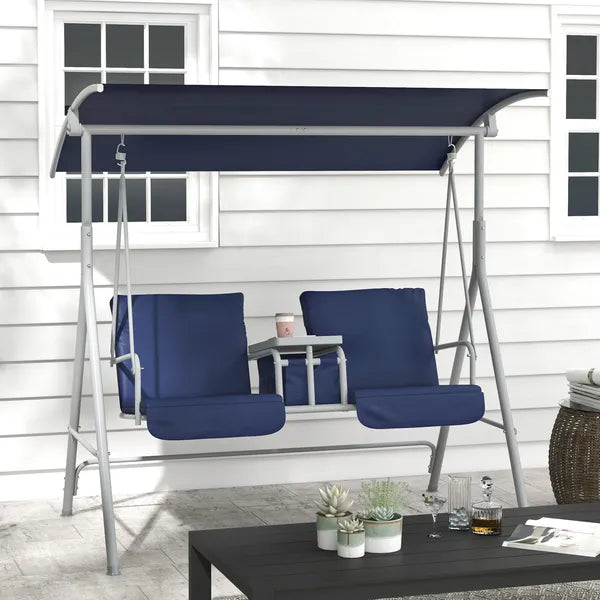 Outsunny Porch Swing 2 Person with Stand, Outdoor, Dark Blue, Canopy, Cup Holders, Cushions for Patio Backyard - product image 10