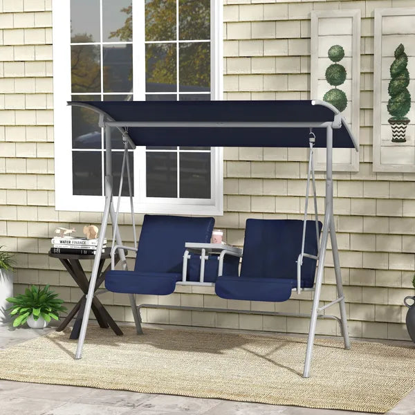 Outsunny Porch Swing 2 Person with Stand, Outdoor, Dark Blue, Canopy, Cup Holders, Cushions for Patio Backyard - product image 2