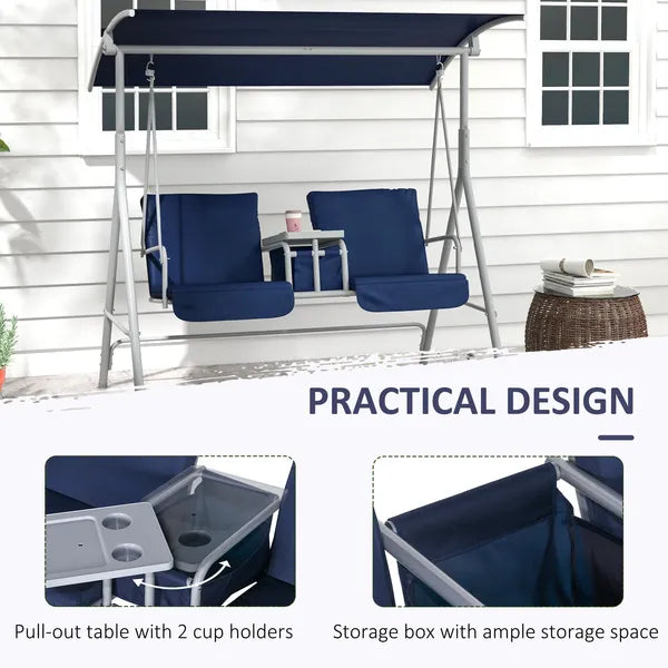 Outsunny Porch Swing 2 Person with Stand, Outdoor, Dark Blue, Canopy, Cup Holders, Cushions for Patio Backyard - product image 5