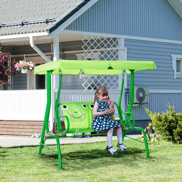 Outsunny Porch Swing for Kids with Adjustable Canopy to Block Sun at Angles, Kids Swing Chair with Seatbelts, Frog Pattern, Gift for Kids Ages 3-6 - product image 2