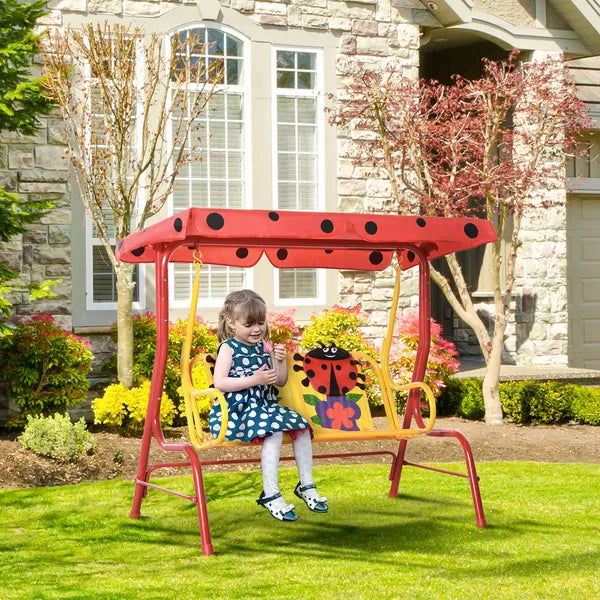 Kids Porch Swing with Adjustable Canopy and Seat Belts, Ladybug Pattern, Red - product image 2