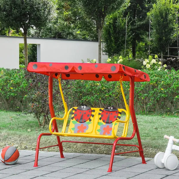 Kids Porch Swing with Adjustable Canopy and Seat Belts, Ladybug Pattern, Red - product image 10