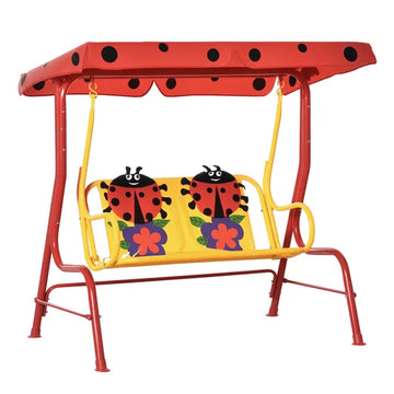 Kids Porch Swing with Adjustable Canopy and Seat Belts, Ladybug Pattern, Red - product image 1