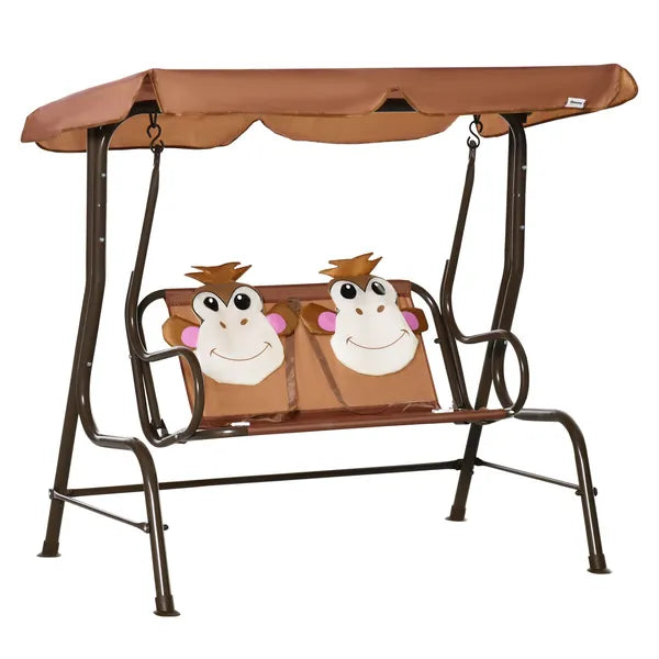 Kids Porch Swing with Adjustable Canopy and Seat Belts, Monkey Pattern, Coffee - product image 1