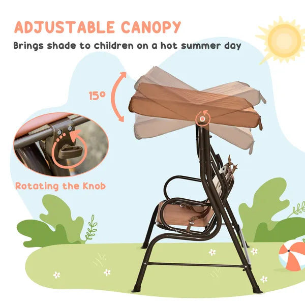 Kids Porch Swing with Adjustable Canopy and Seat Belts, Monkey Pattern, Coffee - product image 5