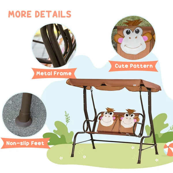 Kids Porch Swing with Adjustable Canopy and Seat Belts, Monkey Pattern, Coffee - product image 6