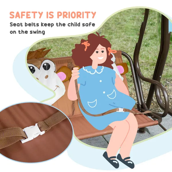 Kids Porch Swing with Adjustable Canopy and Seat Belts, Monkey Pattern, Coffee - product image 7