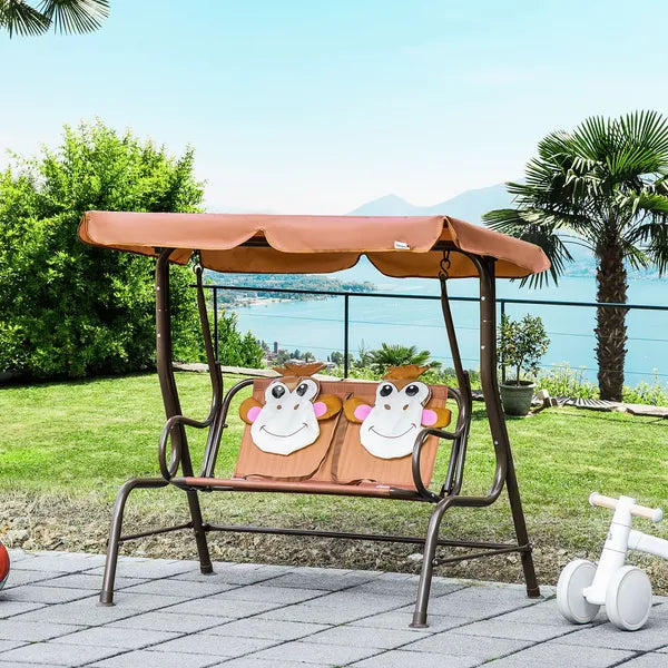 Kids Porch Swing with Adjustable Canopy and Seat Belts, Monkey Pattern, Coffee - product image 10